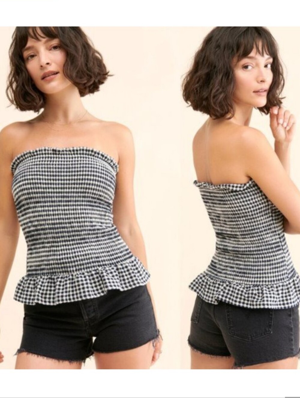 Anthropologie Smocked Strapless Gingham Tube Top + Ruffle Hem, Strapless Small